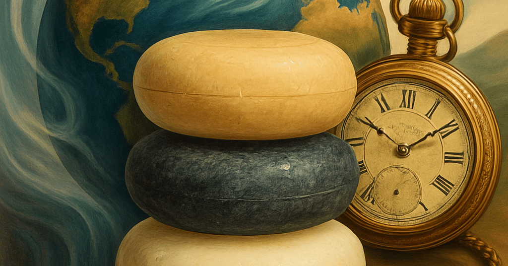 Three eco shampoo bars with Earth and antique clock backdrop — ancestral hair rituals by Cooper Delivered.